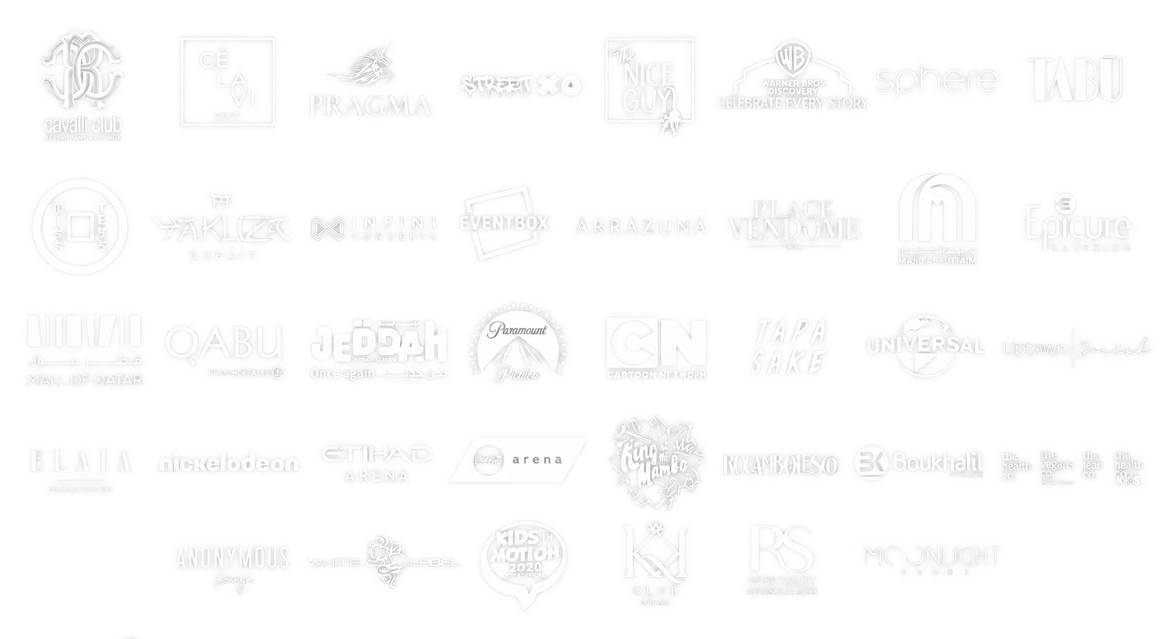 Logos of brands I've worked with, including Cavalli Club Dubai, Nickelodeon, Warner Bros, Majid Al Futtaim, Ce La Vi Dubai, StreetXO, The Nice Guy, Sphere Dubai, Tabu, Miss Tess, Universal Studios, Elaia Dubai, Etihad Arena, Cocacola Arena, One and Only